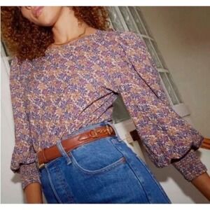 Nation LTD Loren Floral Top Womens Medium Brown Purple Puff Sleeve Pima Cotton